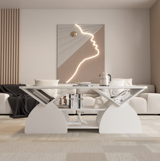 Engineered Wood Rounded Corner Rectangular Coffee Table For Living Room, Easy Assembly Storage Table With Open Shelves Sturdy Frame For Reception Room, Modern Coffee Table Geometric Design White