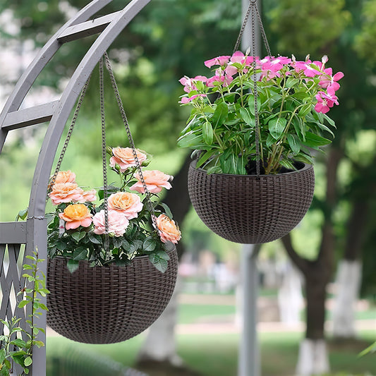 13.4 Inch Self-Watering Hanging Rattan-Inspired Planter Large Capacity, Root-Rot Resistant Water Storage With Water Level Indicator, Dual-Use For Indoor & Balcony Decoration  Pack Of 2, Brown