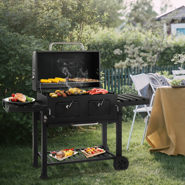 Charcoal Grill Outdoor BBQ Grill, Extra Large Cooking Area With Two Individual & Adjustable Charcoal Doors, Foldable Side Tables For Outdoor Cooking, Backyard, Camping, Picnics