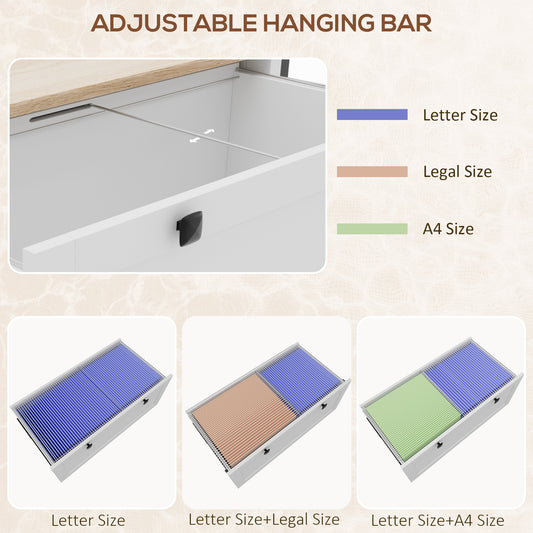 Lateral File Cabinet, 2 Drawer Filing Cabinet With Adjustable Hanging Bar For Letter, A4 And Legal Size, White