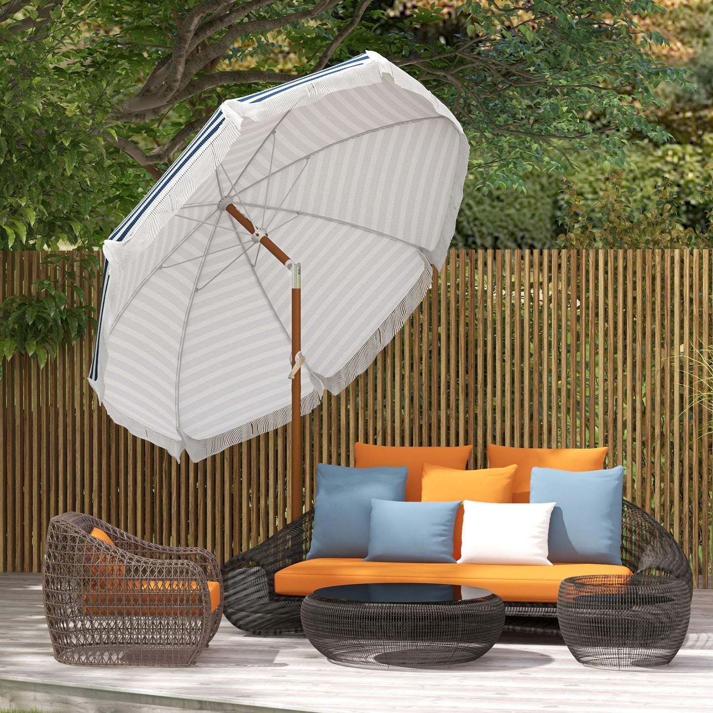 7 X 7 Ft Outdoor Umbrella With Tilt, Vent, Patio Market Table Umbrella Parasol With Fringed Ruffles And Flounce, Blue