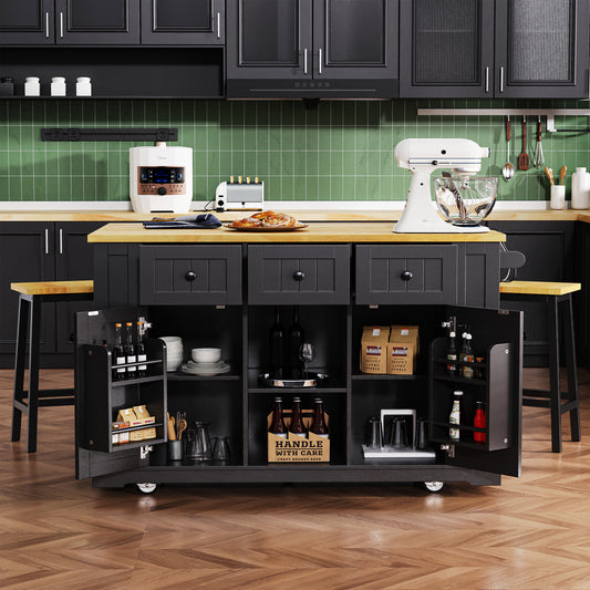 K&K 53inch Large Kitchen Island With Drop Leaf,Power Outlet,Door Internal Storage Rack,Rolling Kitchen Cart On 5 Wheels With 5 Open Side Racks For Kitchen,Black Two Packages  Stools Not Included