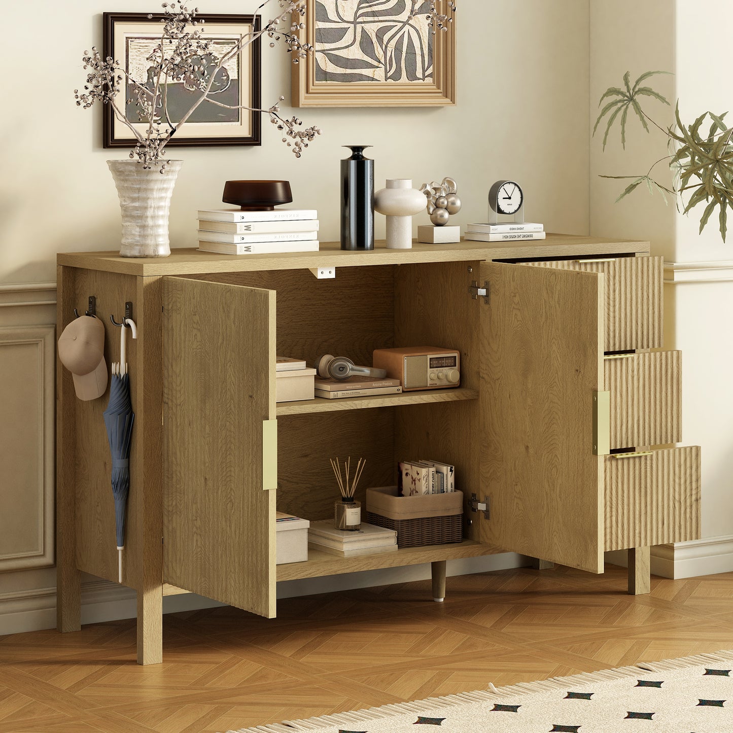 U- Style Modern Wave- Pattern Sideboard With 3 Drawers  Large Storage Buffet Cabinet With Hooks And Extra Center Leg Suitable For Living Room Entryway Hallway.