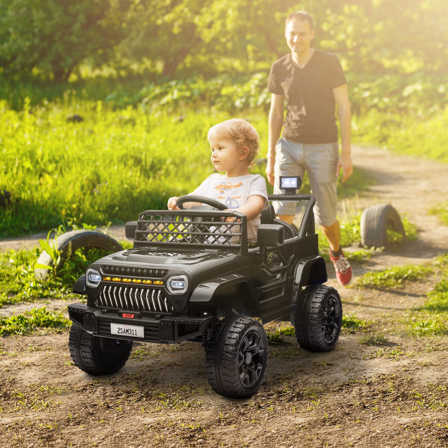 12V Battery Powered Ride On Truck, Kids Electric Car With Spring Suspension, Remote, Horn, USB Music, Black