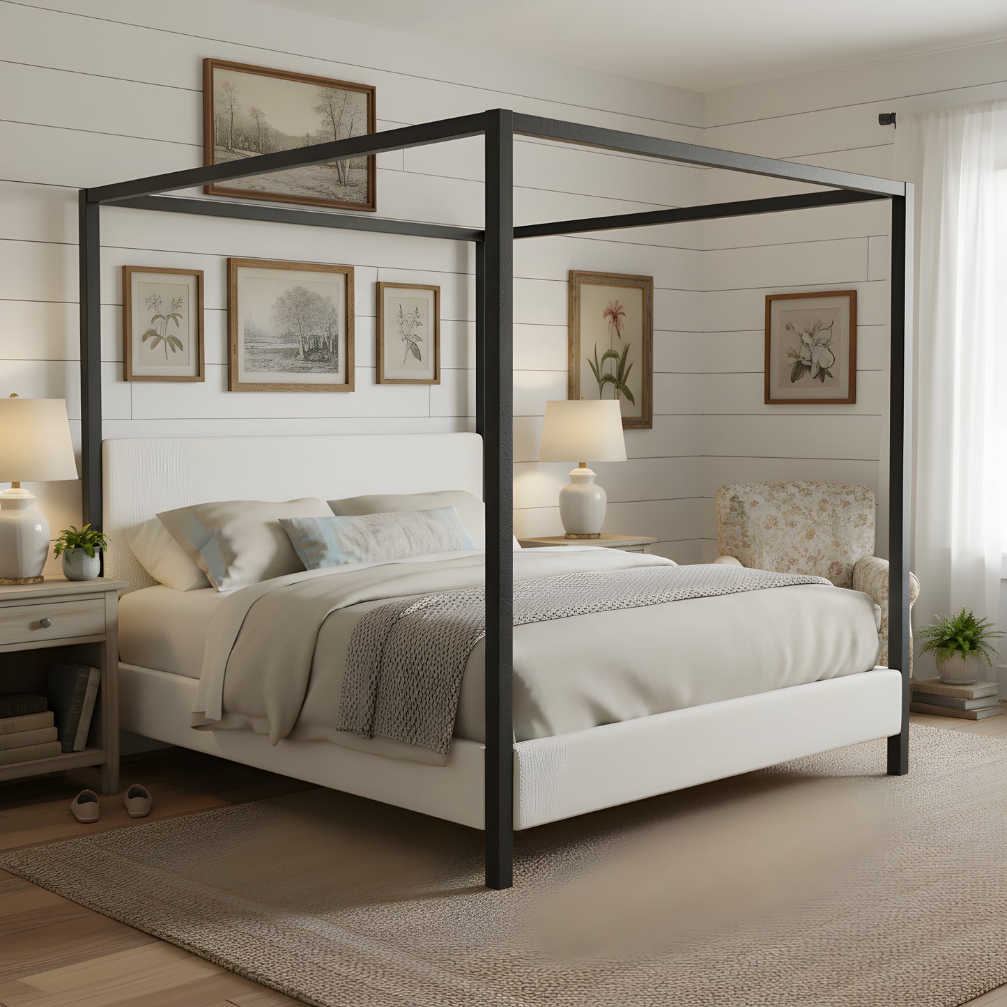 Modern Black Metal Canopy Bed With Plush White Boucle Upholstery, King