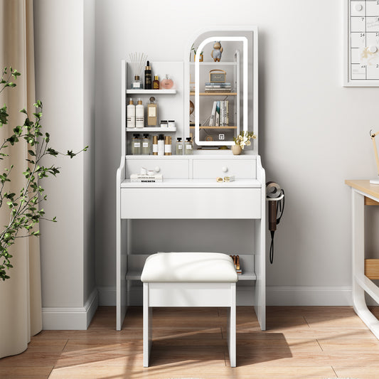 Fashion Vanity Desk With Mirror And Lights For Makeup With Hair Dryer Holder And Chair, Vanity Mirror With Lights And Table Set With 3 Color Lighting Brightness Adjustable, 3 Drawers, White Color