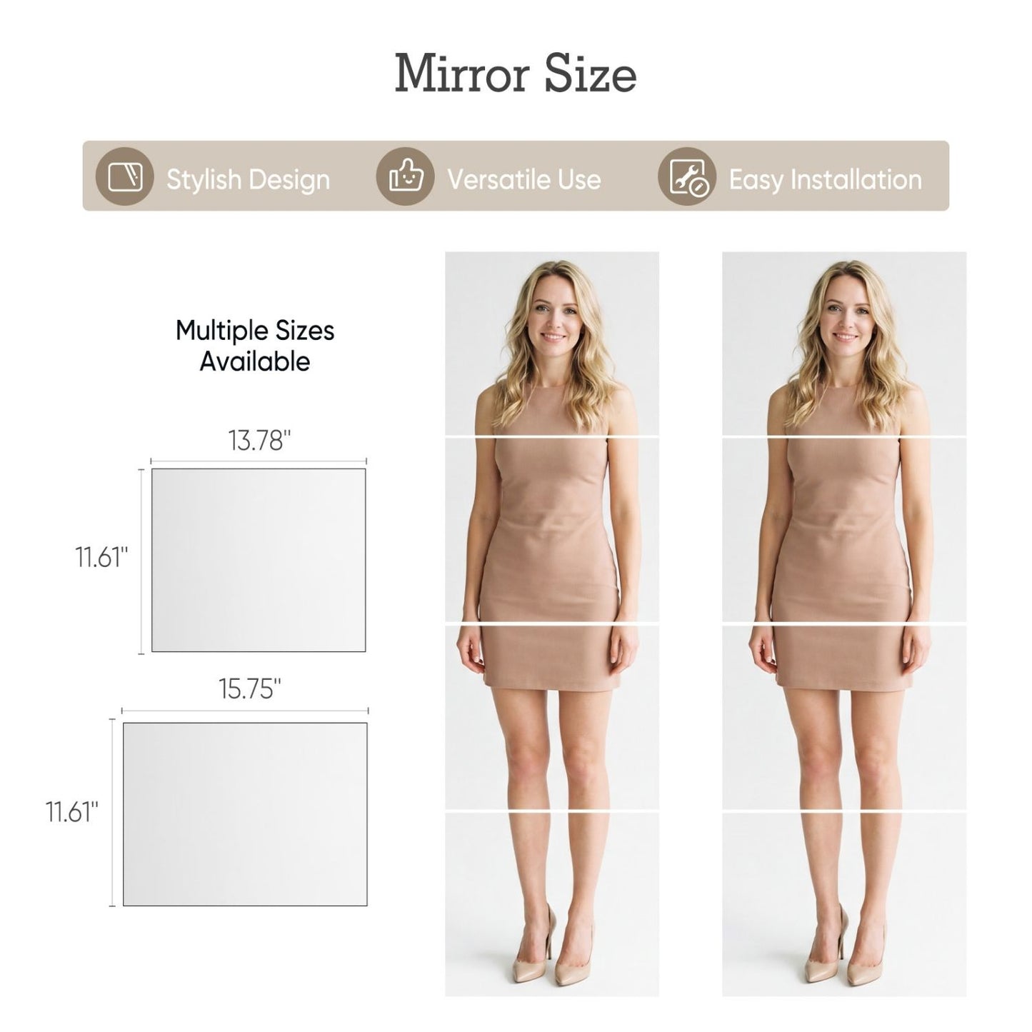 Frameless Glass Full Length Mirror Tiles, 4 Piece Set, Wall Mounted For Bedroom, Home Gym And Door