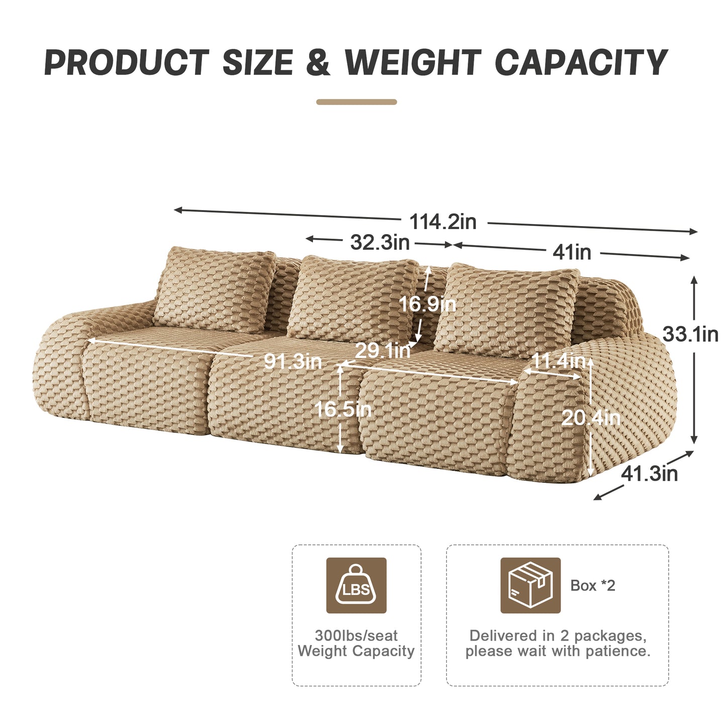 114 Modern Modular Sectional Sofa For Living Room,Flannelette Fabric,Oversized 3-Seater Couch,boneless Sofa,Deep Seat,Buckle Connection,Anti-slip Design,No Assembly,Light