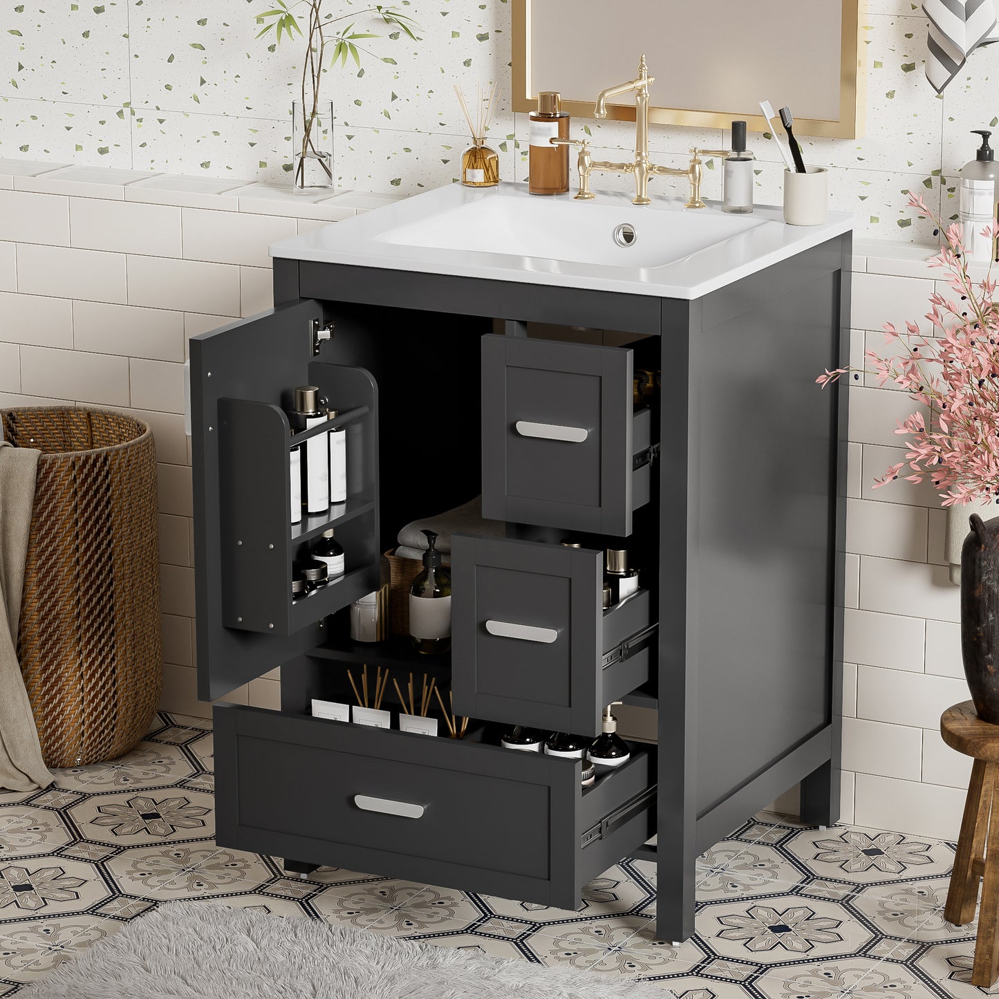 Modern 24-inch Bathroom Vanity With Ceramic Sink, Soft-Close Door, Double-Layer Door Shelf, And 3 Drawers