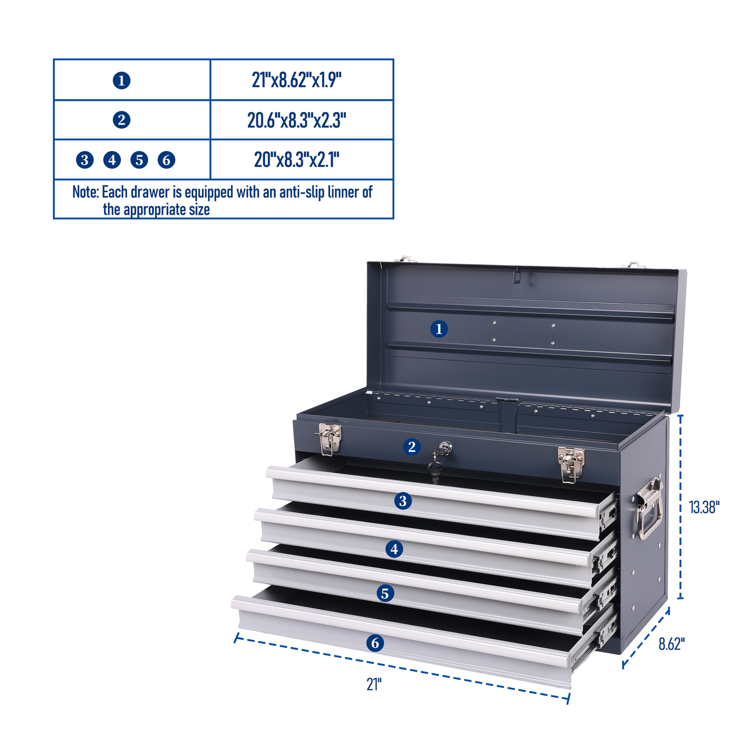 Heavy Duty Metal Tool Box, 21-inch, Portable Metal Tool Box With 4 Drawers, Small Tool Chest With EVA Liners, Ball Bearing Slide Drawers Locking & Powder Coated Finish, Multi-Function Tool Organizer