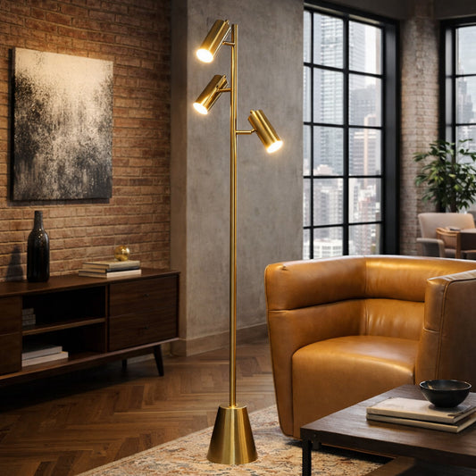 Lumina Brassed Gold Floor Lamp With Rotary  Triple Spots Metal Cone Base