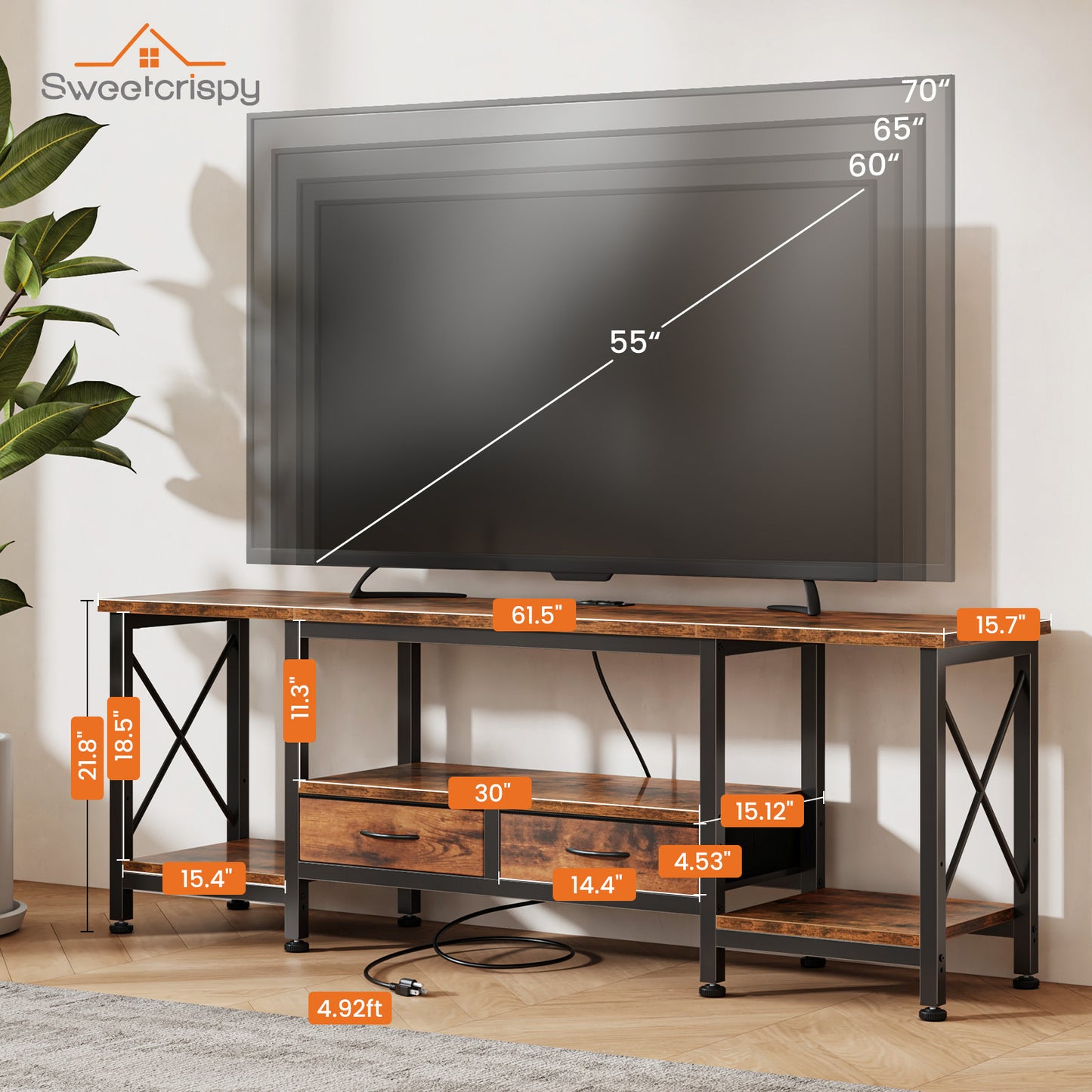 The TV Cabinet Comes With A Power Socket And Is Suitable For TVs With A Screen Size Of 75 Inches Or Less. It Features Fabric Drawers And Open Shelves.