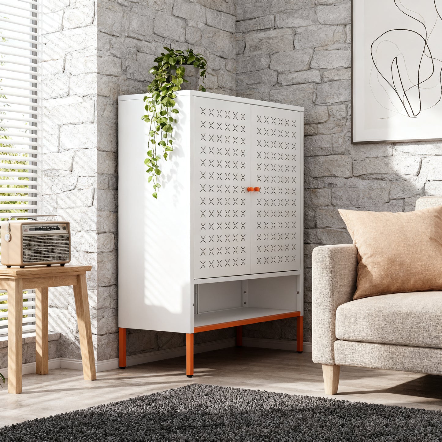 Grid Double Door Shoe Cabinet, Three Adjustable Compartments For Flexible Storage, Suspended Hollow Shoe Changing Compartment, Bottom 15cm Moisture-proof High Foot Design