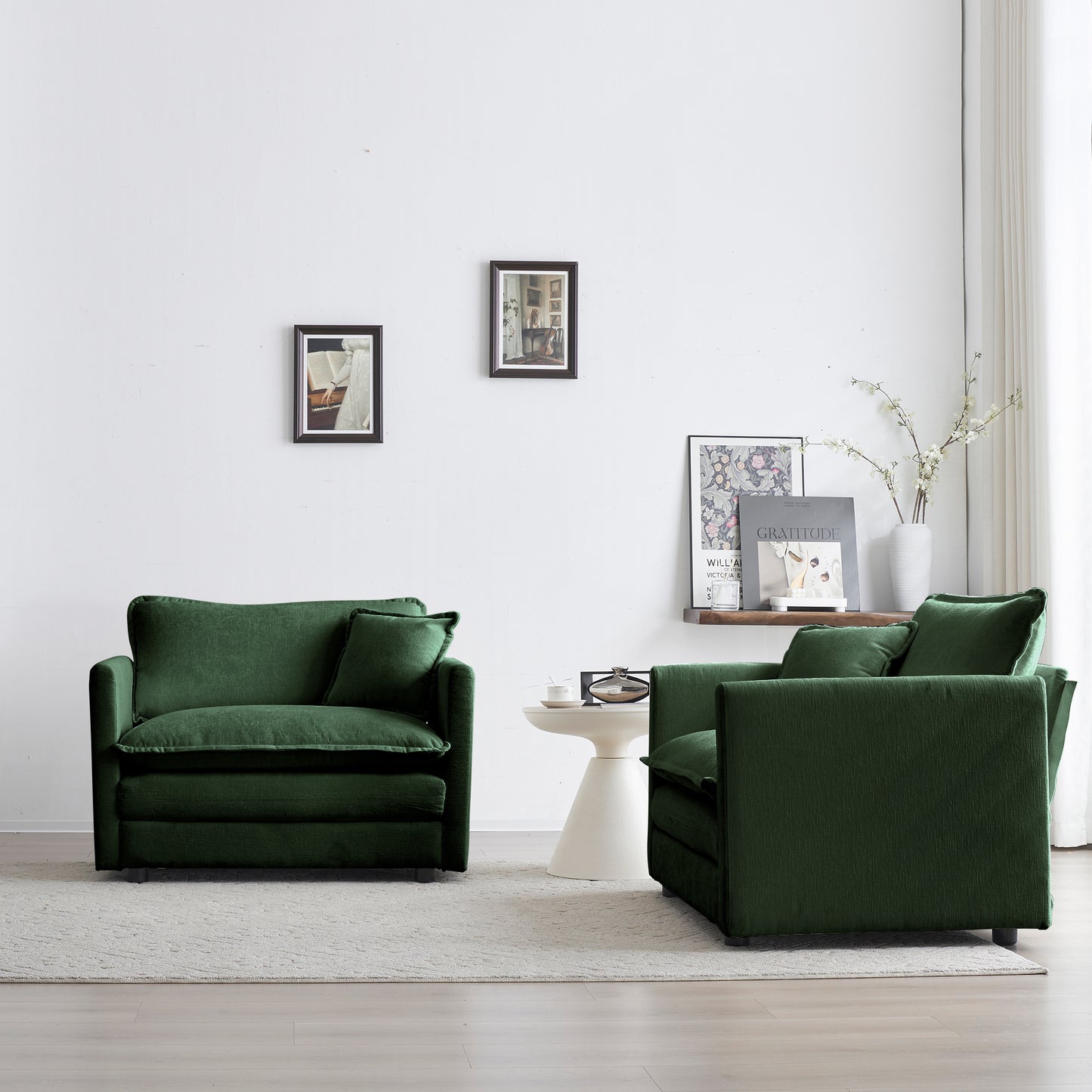 Accent Chair Set Of 2, High-end Chenille Upholstered Armchairs, Living Room Side Chairs With Toss Pillow, Green Chenille