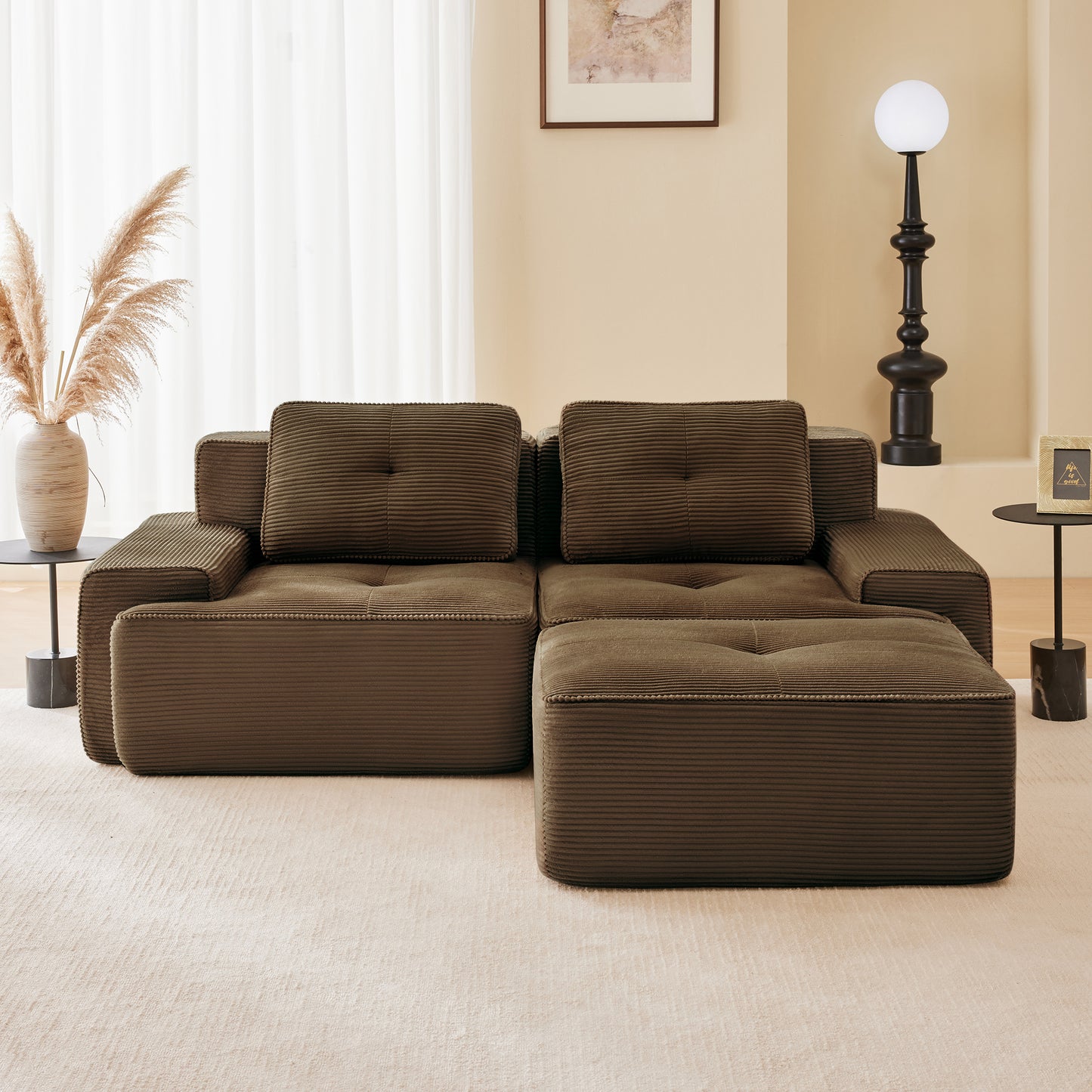 82 Modern L-Shaped Modular Sectional Sofa For Living Room, Corduroy Fabric, 2-Seater Couch With Deep Seat And Movable Ottoman, Pearl-like Piping, Tufted Design, No Assembly, Anti-slip Design, Brown