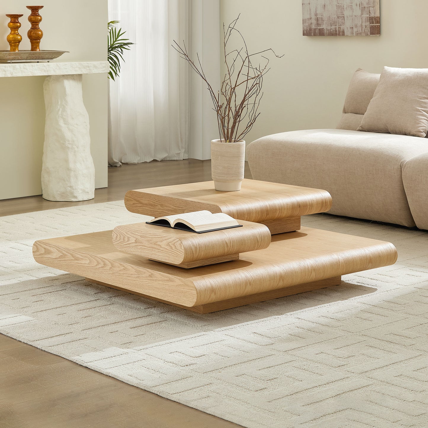 3-Piece Modular Stacking Coffee Table  Natural Wood Look, Mordern MDF Table Front Of The Sofa, 39.37 Inch Square Center Coffee Table For Living Room,No Assembly,Natural Color