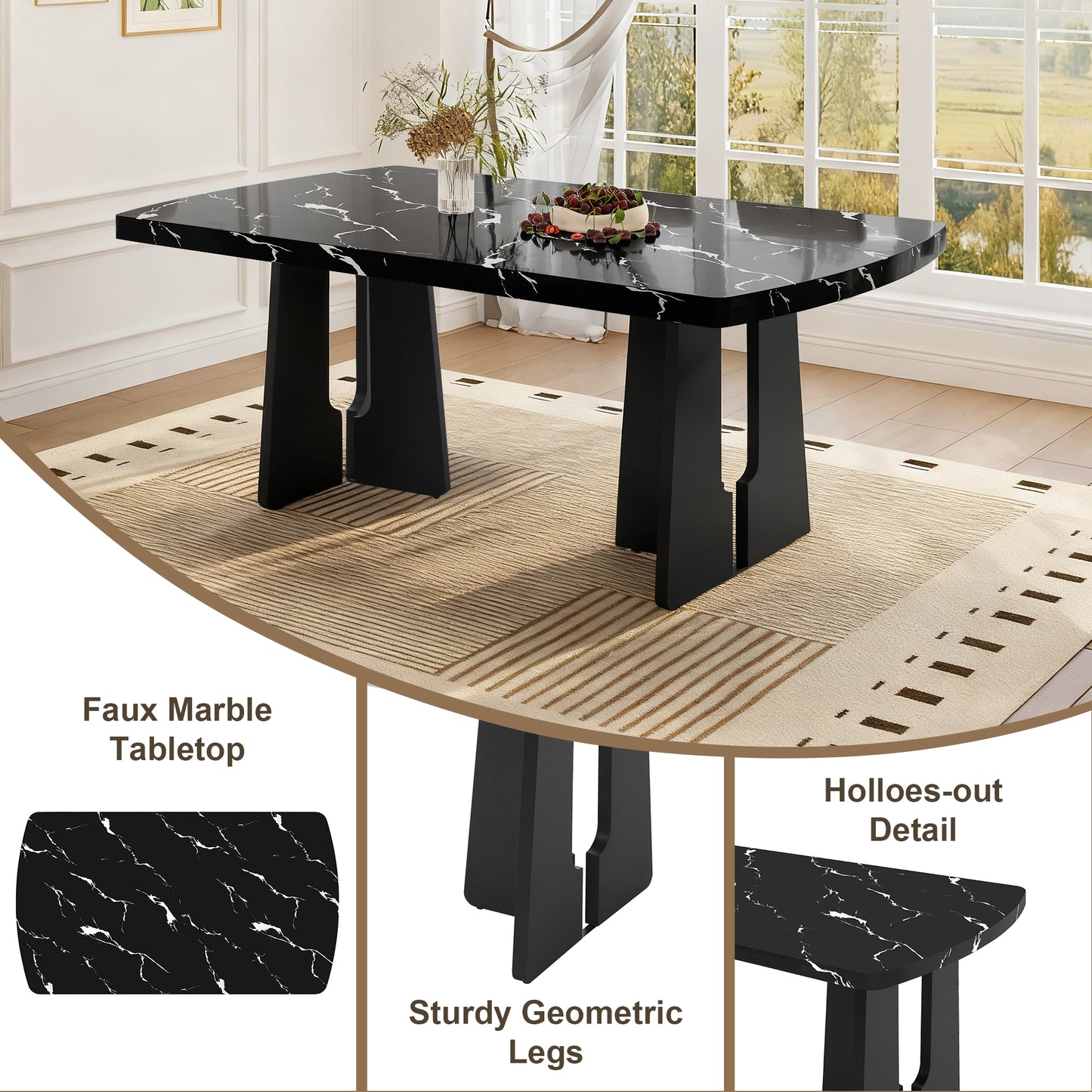 63  Modern Faux Marble Dining Table - Black White Marble Top With Sturdy Geometric Legs, Stylish Kitchen & Dining Room Table For Home, Apartment, Office, Easy To Assemble, Black