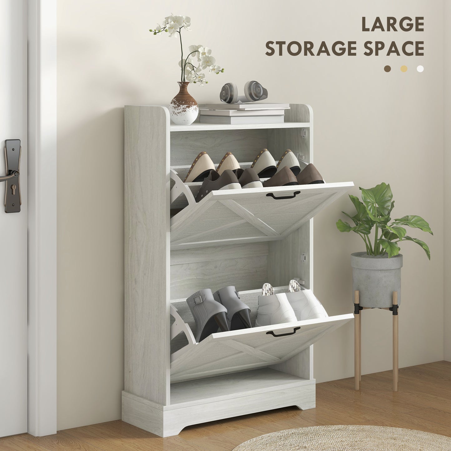Slim Shoe Storage Cabinet, Farmhouse Shoe Cabinet With 2 Flip Drawers, Adjustable Shelves For 8 Pairs, Distressed White