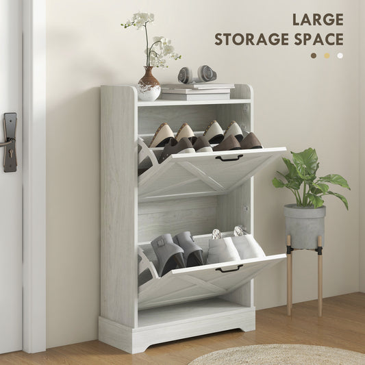 Slim Shoe Storage Cabinet, Farmhouse Shoe Cabinet With 2 Flip Drawers, Adjustable Shelves For 8 Pairs, Distressed White