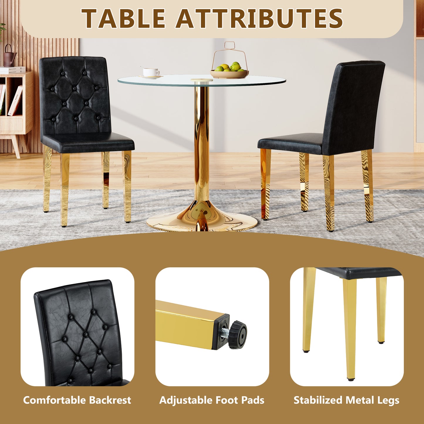 4-pack Black PU Dining Chairs Ergonomic Buckle Backrest, 35 Inches High, Golden Metal Legs,Combines Comfort And Texture.Perfectly Suitable For Family Dining Rooms, Hotel Banquet Halls,etc.W1151P29570