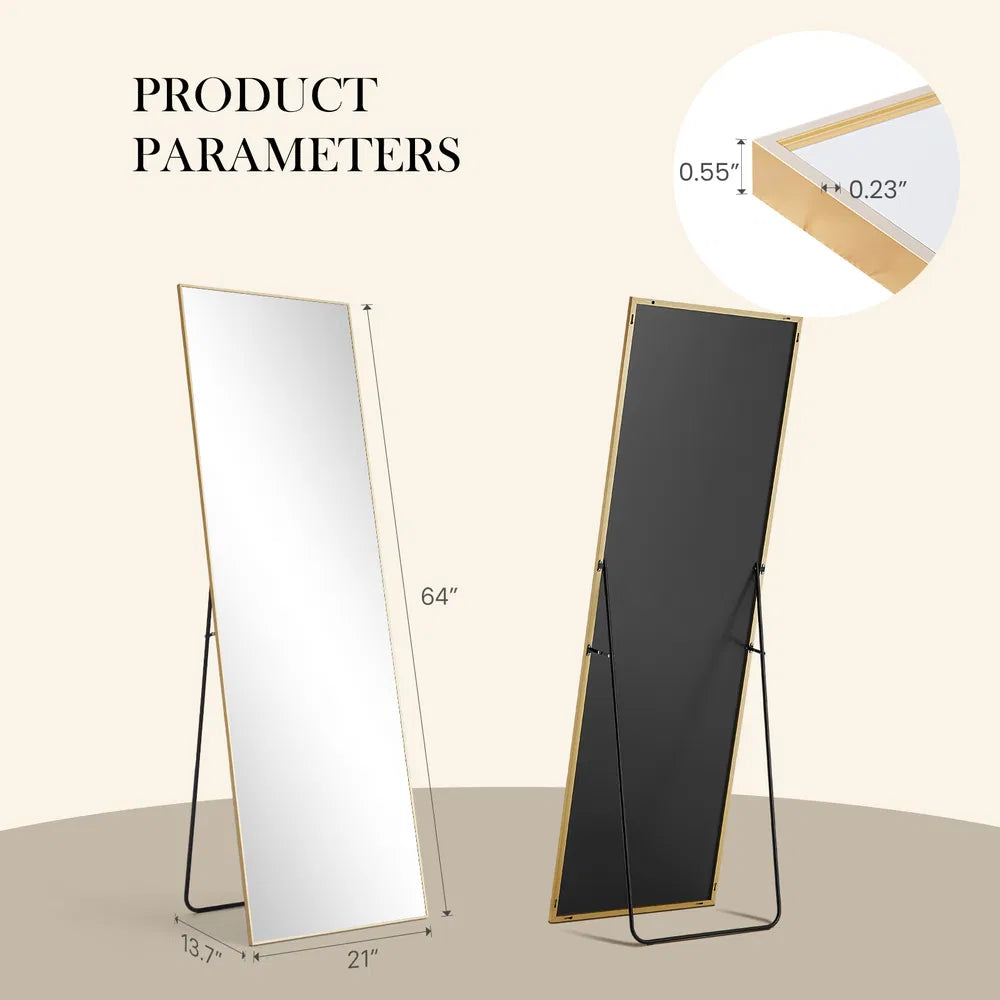 Floor Standing Mirror, Wall Mirror With Stand Aluminum Alloy Thin Frame,21'X64',Black-rect