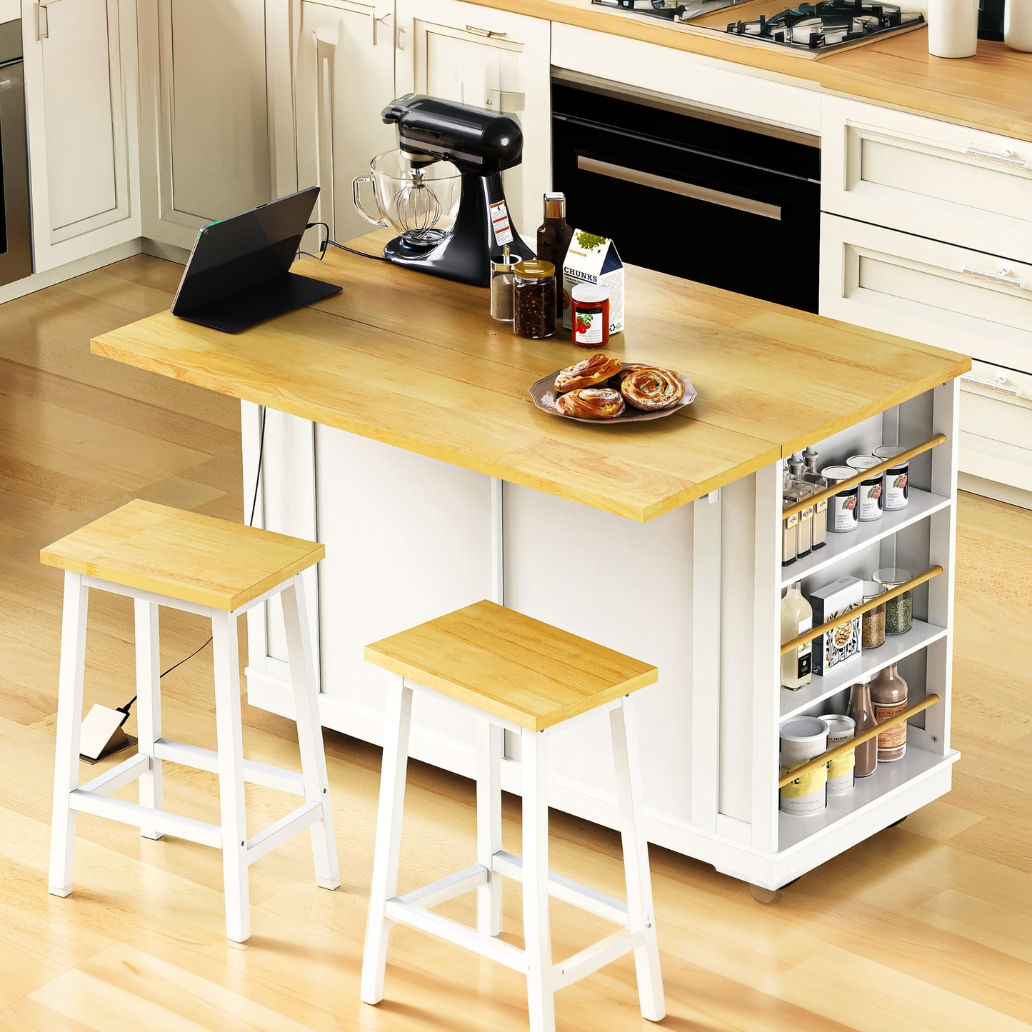 48 Inch Kitchen Island With Drop Leaf,Power Outlet,Internal Storage Rack,Rolling Kitchen Storage Cart On 5 Wheels With 5 Open Side Racks For Kitchen,White  Old SKU N707P257057W  Not Include Stools
