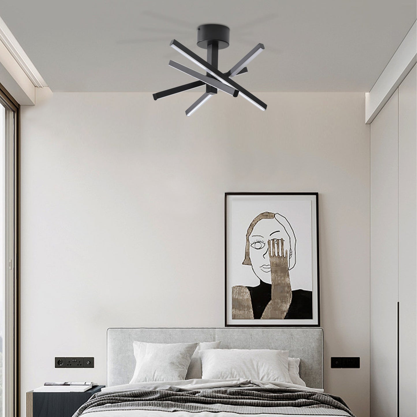 12 Inch Modern LED Ceiling Light, Geometric Starburst Design With Black Finish For Living Room, Bedroom, And Hallways