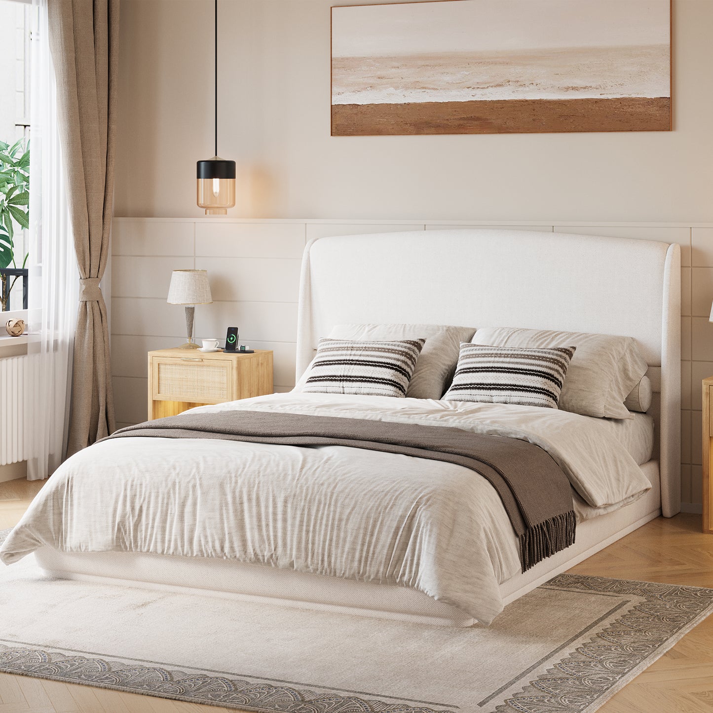 Upholstered Queen Bed Frame With Wingback Headboard, Low Profile Platform Bed With Padded Headboard, No Box Spring Needed, Easy Assembly, Elegant Linen Fabric, Beige