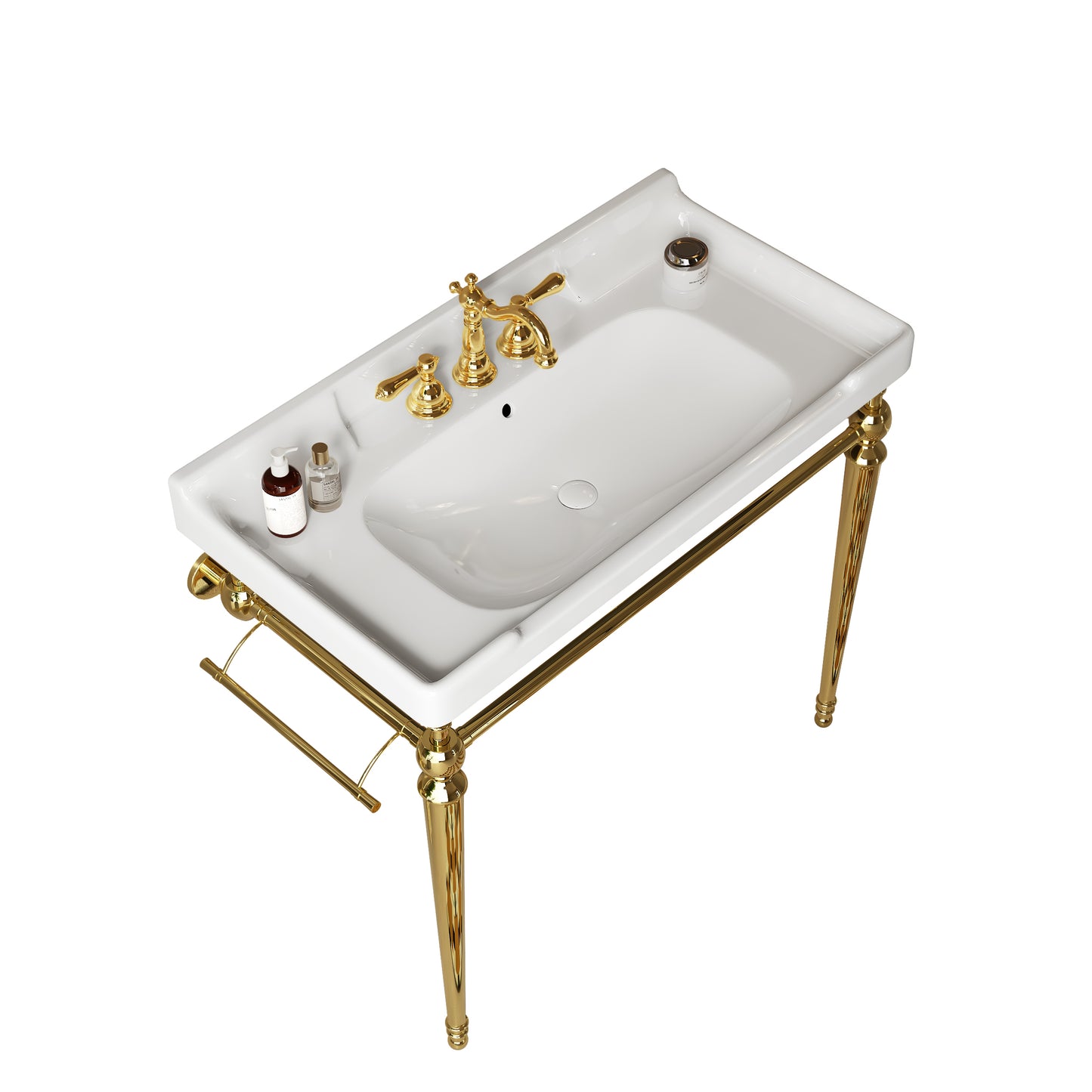 VICI 36 Bathroom Console Sink, Wall-Mounted White Ceramic Vanity Basin With 3 Pre-drilled Faucet Holes, Freestanding Stainless Steel Support Legs With Towel Bar, No Faucet & Sink Cover, Gold Color