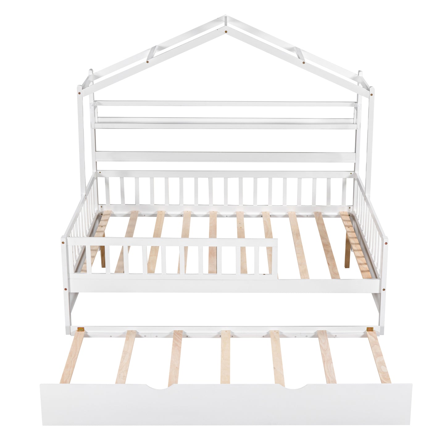 Wooden Full Size House Bed With Twin Size Trundle,Kids Bed With Shelf, White Old