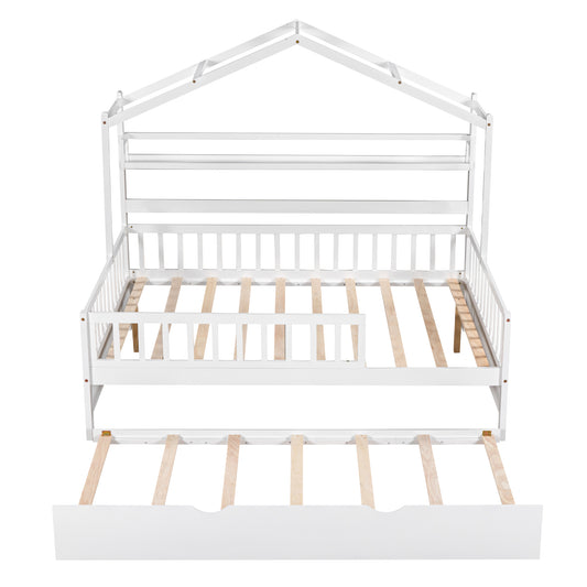 Wooden Full Size House Bed With Twin Size Trundle,Kids Bed With Shelf, White Old