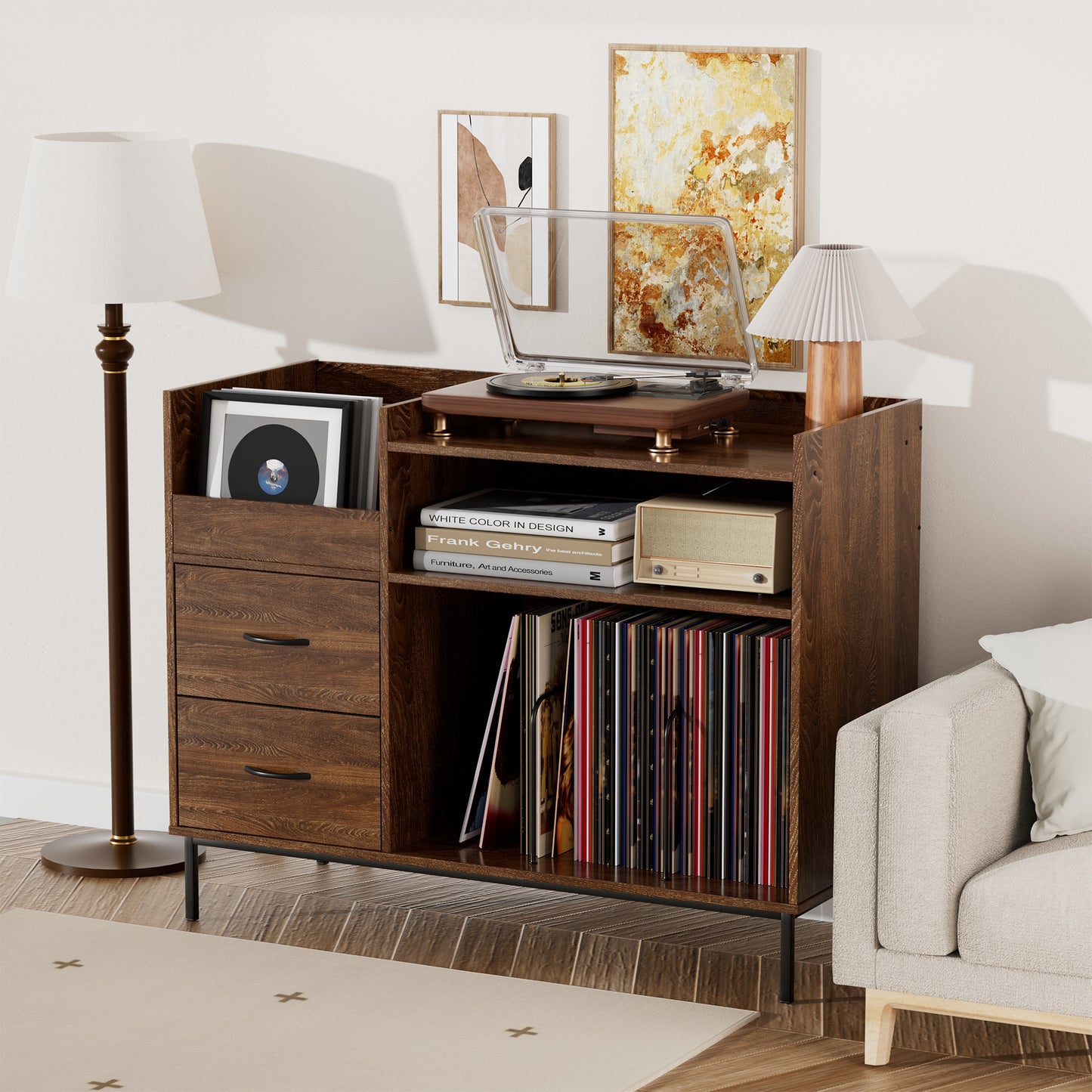 Record Player Stand With Storage For 500  Albums, Mid-Century Modern Turntable Shelf & Drawers  Sturdy Wood & Metal Audio Console For Living Room