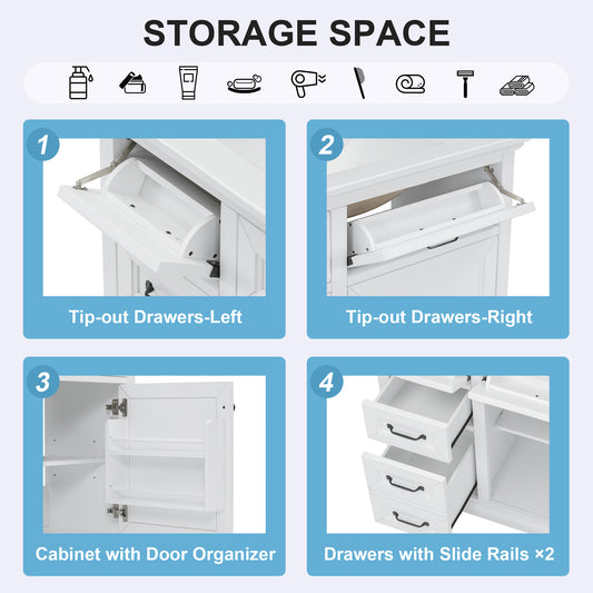 36-Inch Bathroom Vanity With Ceramic Sink Top, 4 Drawers And 1 Soft-Close Door, Freestanding Storage Cabinet With Metal Handles, Pre-Drilled For 8-Inch Faucet, White Finish