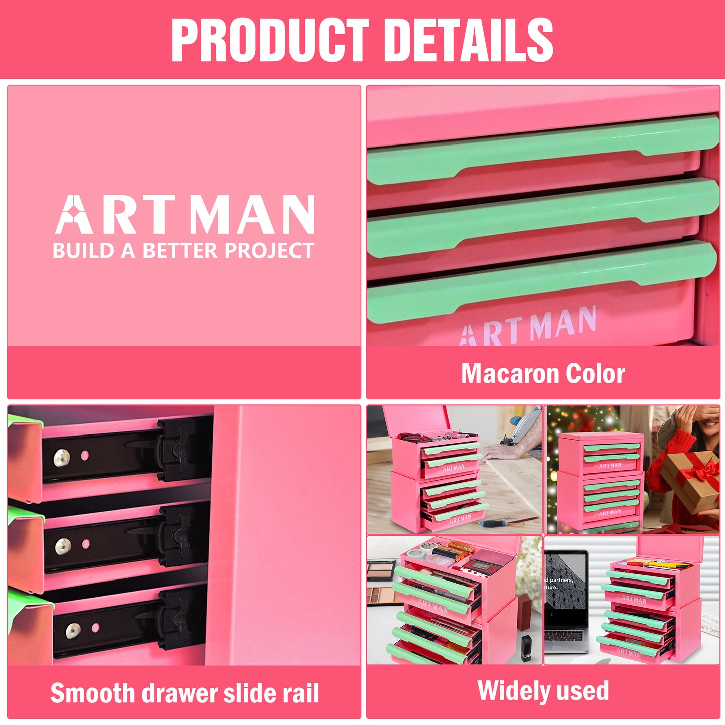 Drawer-style Desktop Storage Box, Office Workstation Organizing Magic Tool, Desk Stationery Storage Rack, Cosmetic Storage Cabinet--Pink-green Colo