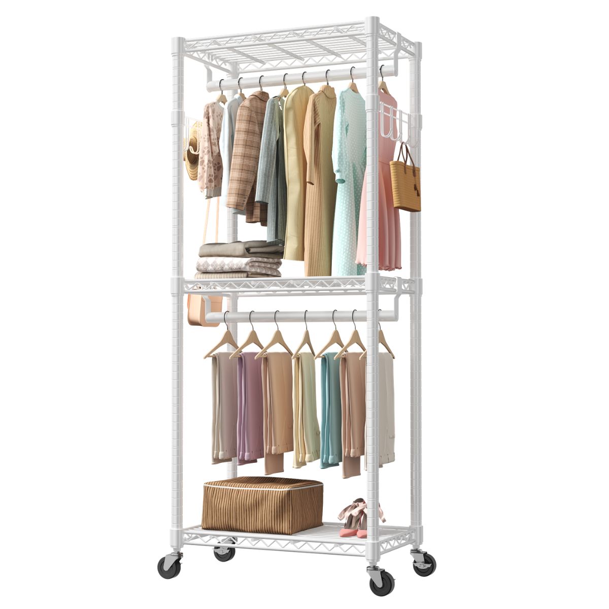 29.5-45-inch Rolling Clothes Rack With Adjustable Metal Shelves And Heavy-duty Hangers With Side Hooks,ideal For Homes And Laundry Rooms