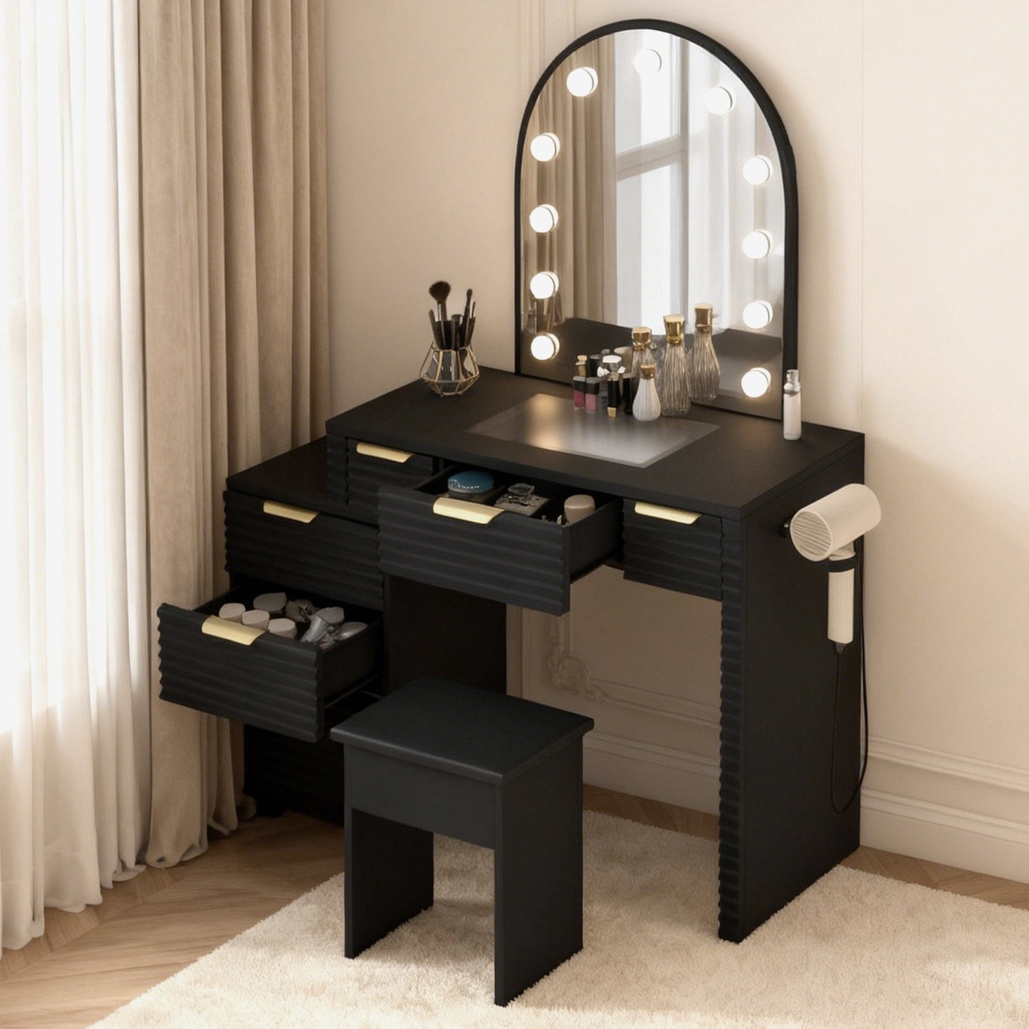 Makeup Vanity Desk With Mirror Lights Glass Tabletop Vanity Table Modern Makeup Desk With Drawers For Bedroom Black US Plug