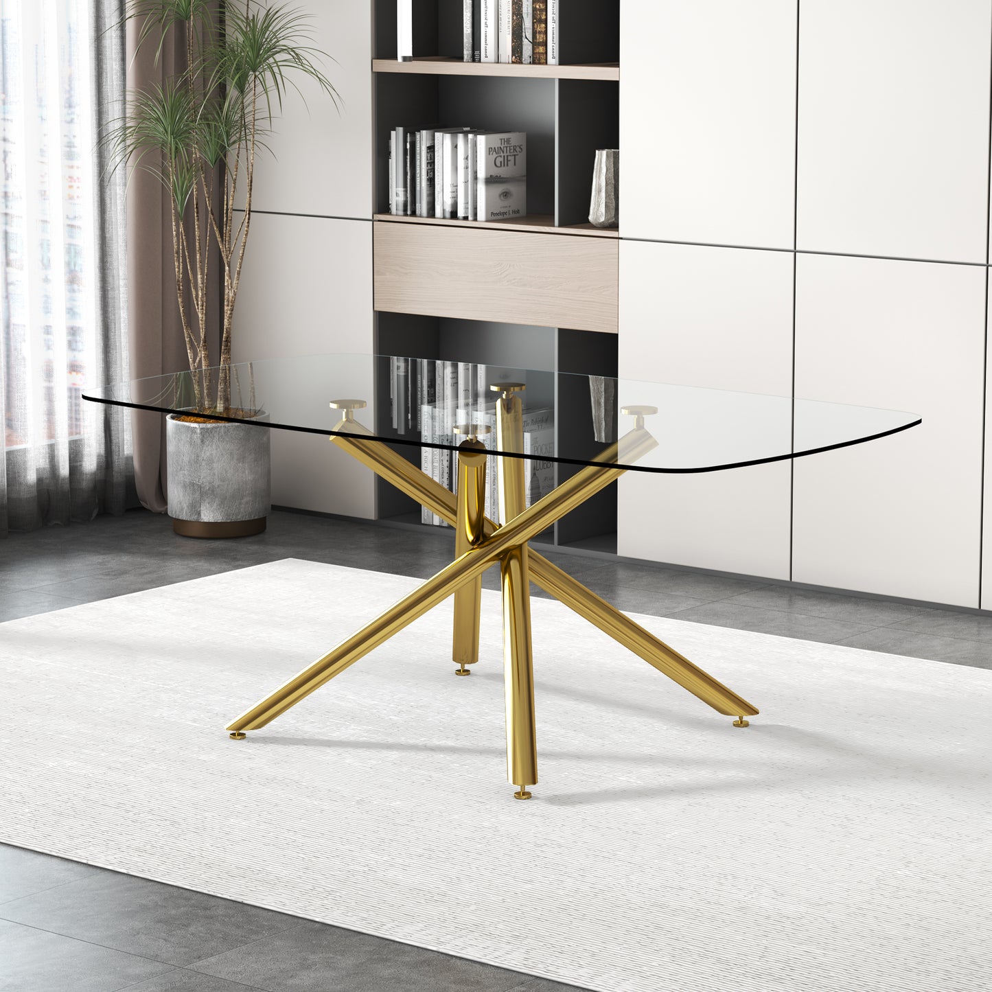 Large Modern Minimalist Rectangular Glass Dining Table With 0.39inTempered Glass Top And Gilded Metal Legs For Kitchen, Dining Room, Living Room, Meeting Room, Ballroom 71inX 35.4inX 30in.W1151S00840
