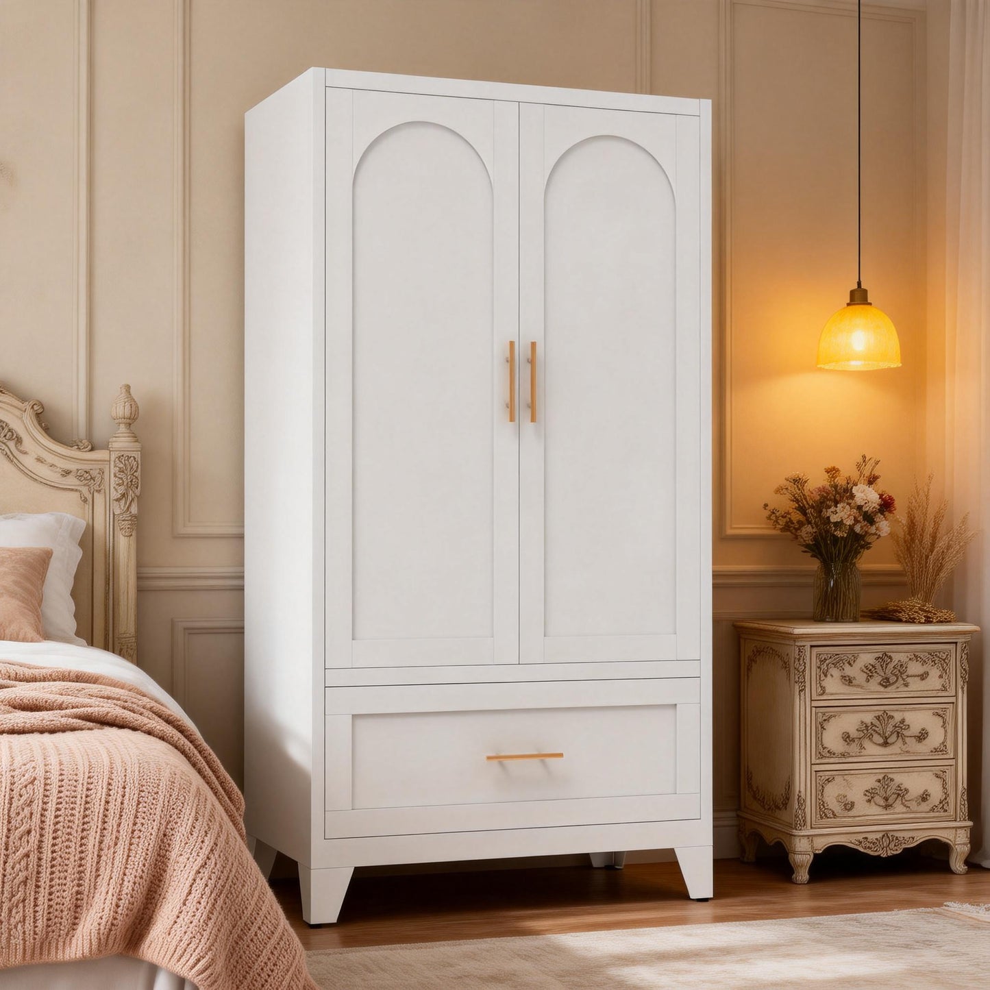 60 Tall Metal Wardrobe Cabinet With 1 Drawer And Hanging Rod, 2 Doors Wardrobe Closet With Shelf For Bedroom, Office, Laundry Room,Entryway ,Foyer,Guesthouse  White