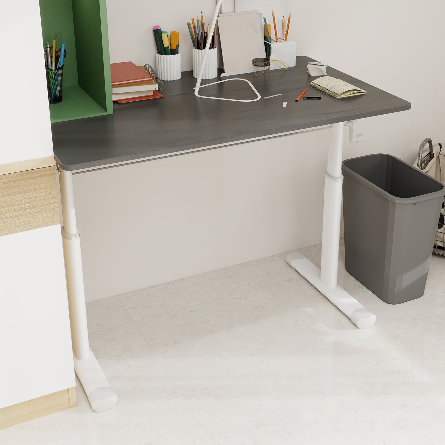 Adjustable Study Desk Suitable For Children And Adults, Height-adjustable, Multi-functional Home Office Desk, Compact Design, Desktop Dimensions 60cm X 100cm, White Frame, Gray Tabletop.
