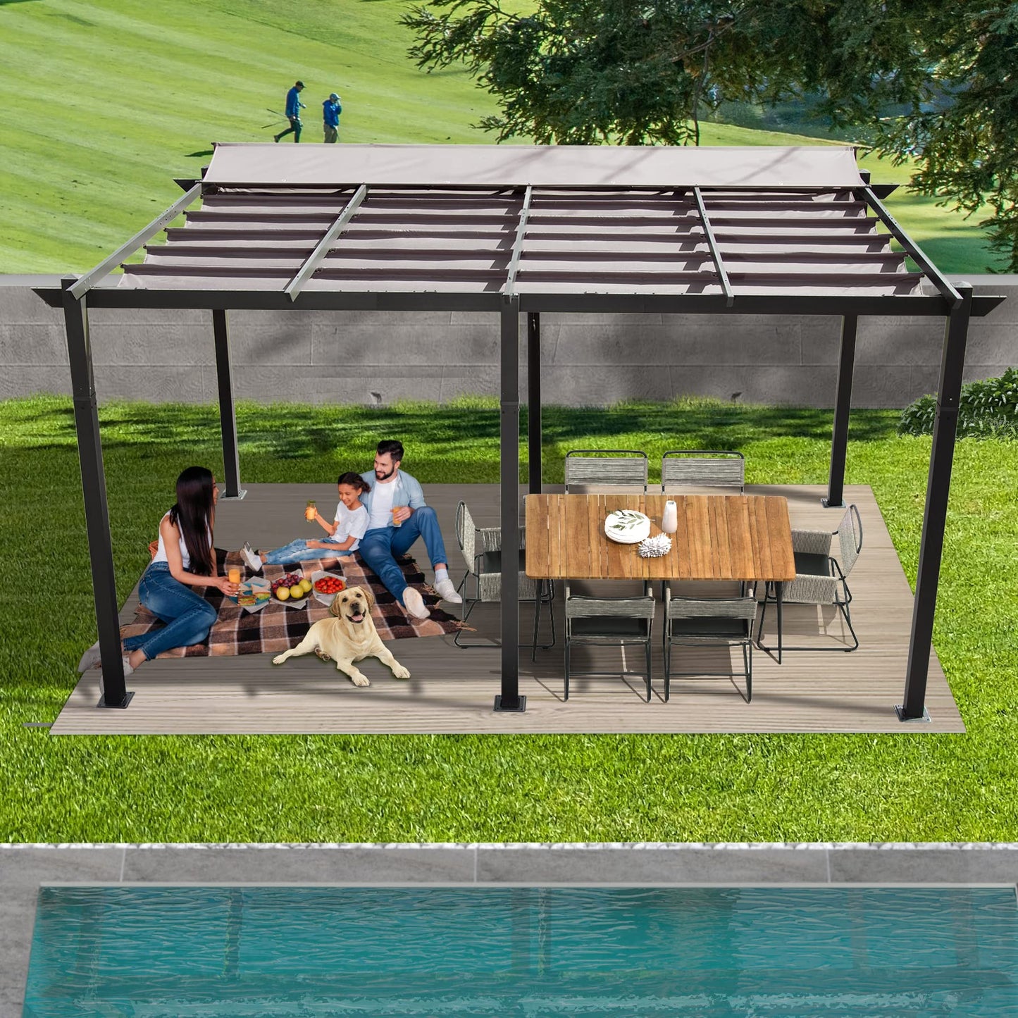 11 X 16 FT Outdoor Living Outdoor Retractable Pergola With Weather-Resistant Canopy Aluminum Garden Pergola Patio Grill Gazebo For Courtyard -Dark Gray