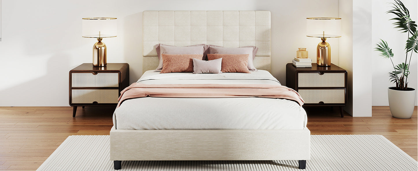 Bed Frame Upholstered Vertical Channel Headboard With 4 Storage Drawers Wood Slat Elegant Modern Bed Frame No Box Spring Needed Easy Assembly For Bedroom