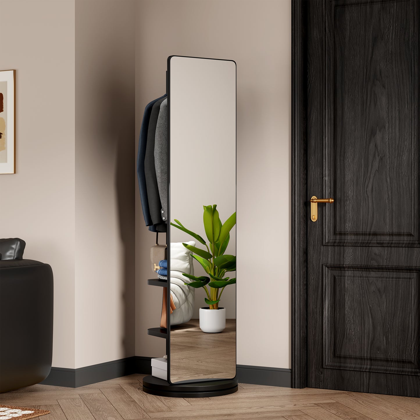 360 Rotating 69x20in Multifunctional Full Length Mirror With Hook Storage Rack Coat Rack With Mirror Solid Wood Floor Mirror Bedroom Living Room Cloakroom Space Saving   Black