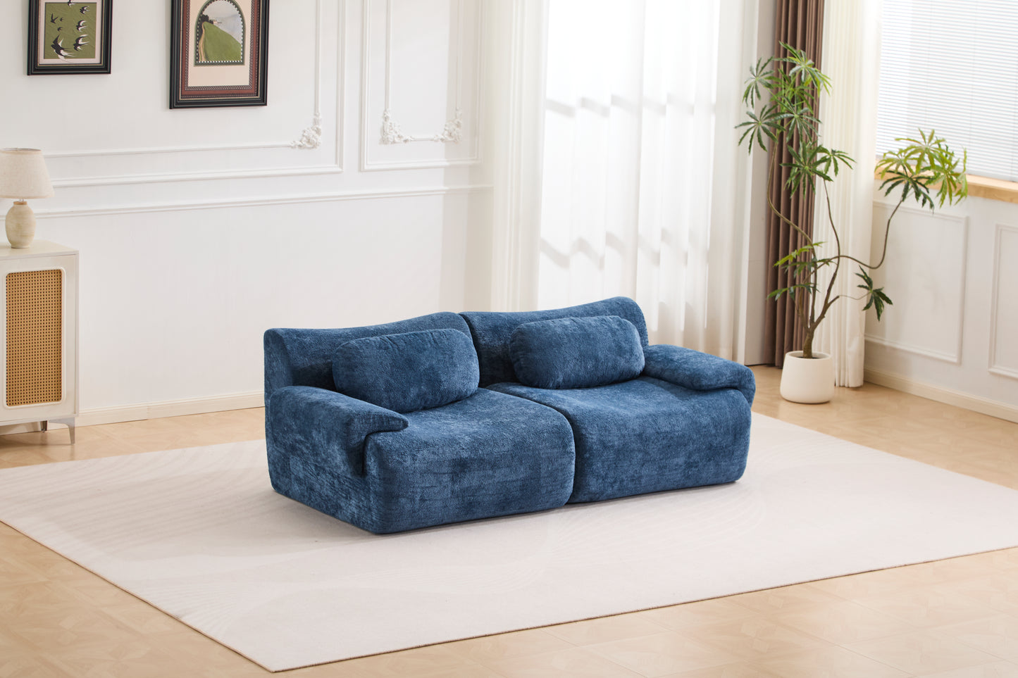 Compression Wave Sofa, Convertible Floor Sofa Bed, DIY Boneless Modular Sectional Sofa, No Assembly Required, Rabbit Velvet Fabric, 2-Seater, Blue