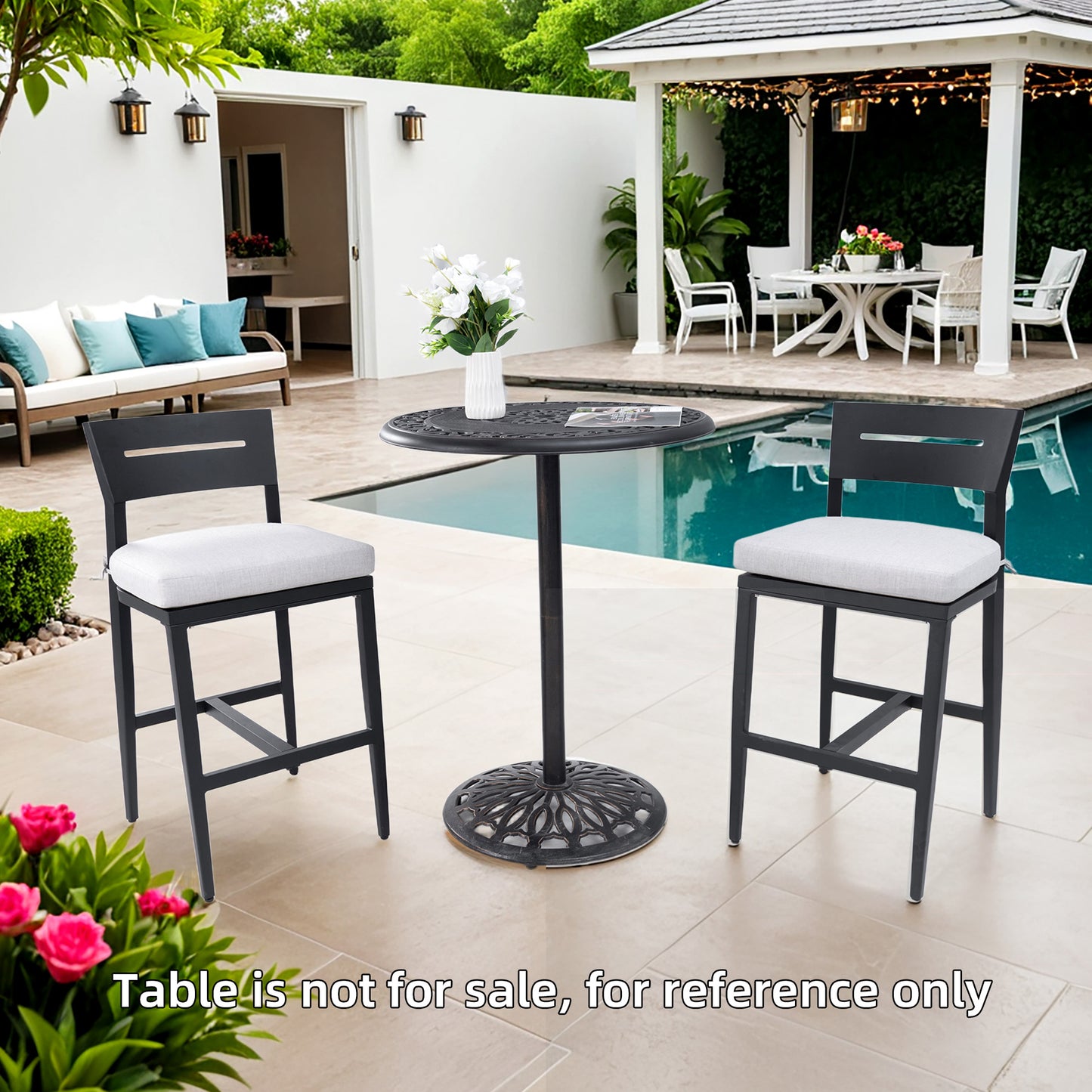 Modern Outdoor 2PC Bar Stools, Aluminum Patio Bar Chair With Ergonomic Backrest, Tapered Legs, Footrest, Ember Black, Sunbrella Cushion, Weather-Resistant, For Garden, Poolside, And Kitchen Island