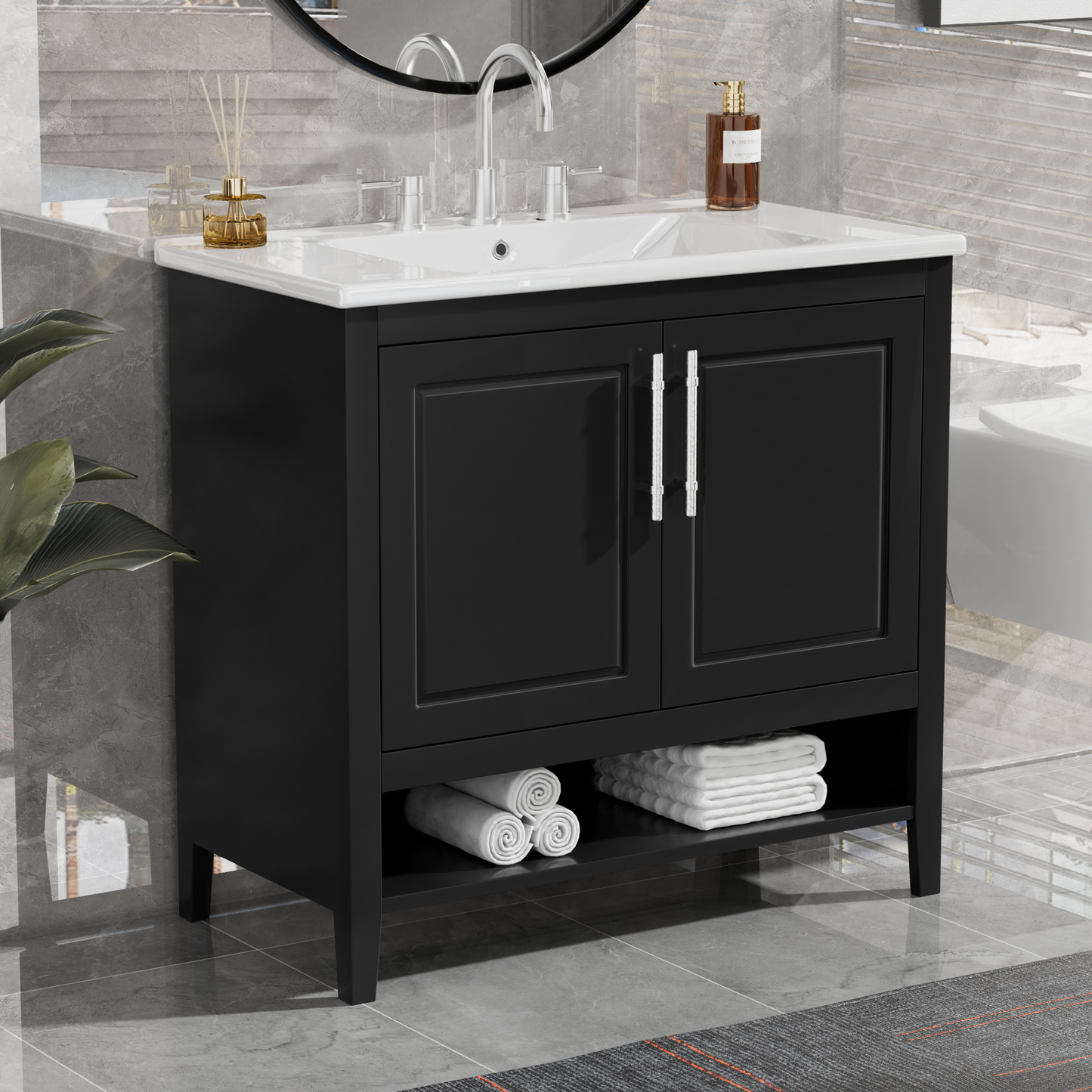 36  Bathroom Vanity With Sink, Multi-functional Bathroom Cabinet With Doors And Drawers, MDF Frame And MDF Board, Black