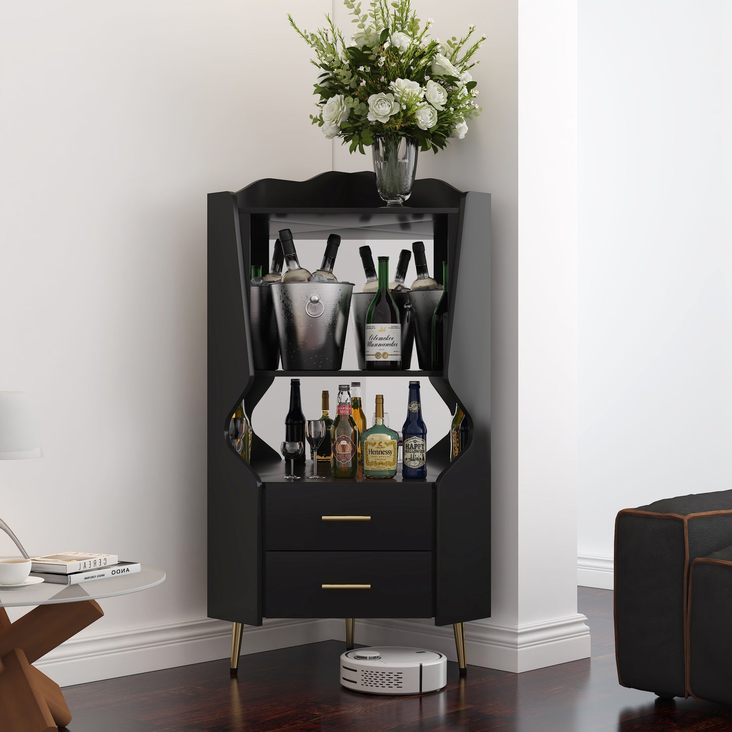 Wooden Corner Bar Cabinet With 2 Open Storage Shelves And 2 Drawers, Mirrored Back Sideboard Cabinet, High Feet Legs For Easy Cleaning, Buffet Cabinet BLACK