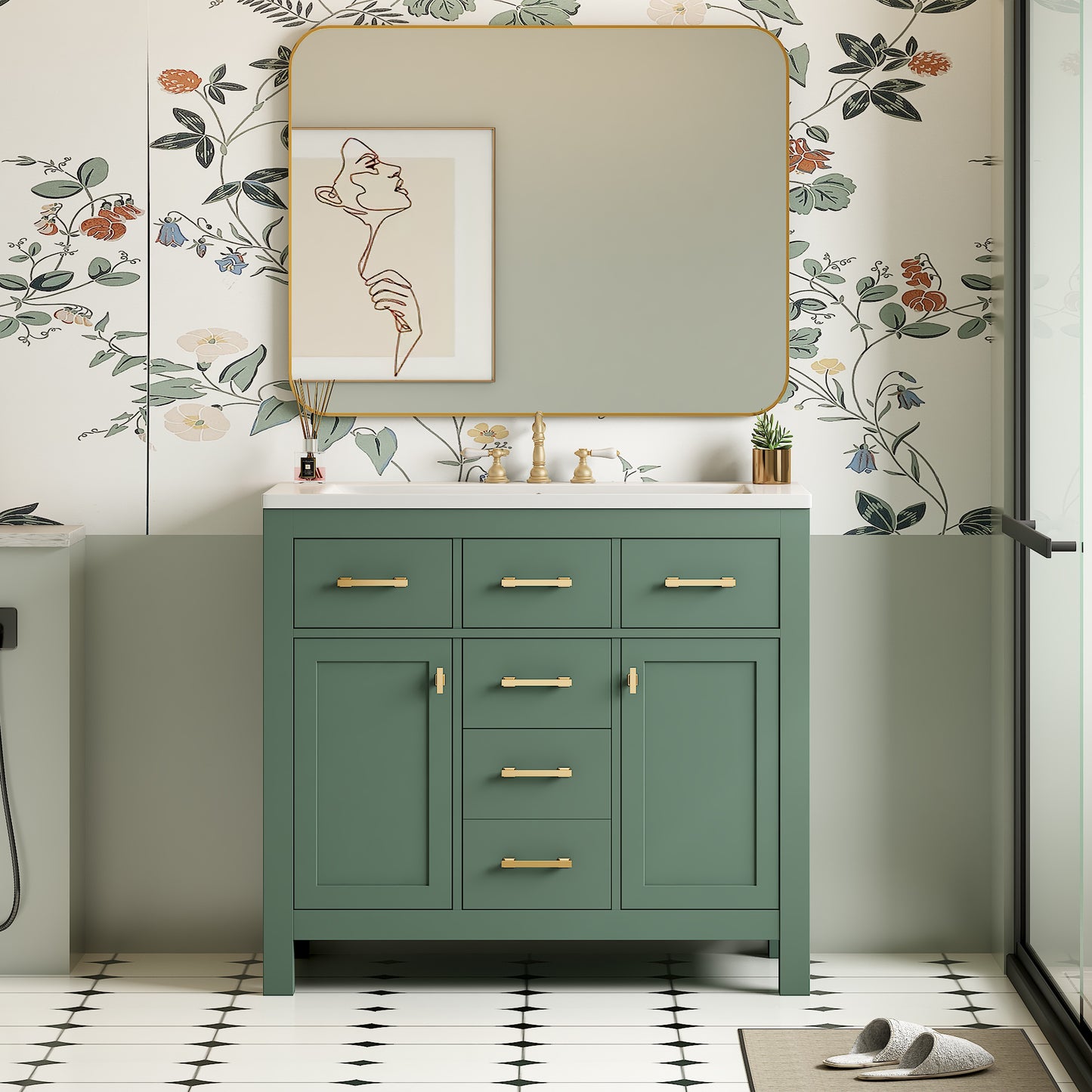 36'' Bathroom Vanity With Ceramic Sink Combo Set, Modern Freestanding Single Bathroom Cabinet With 4 Drawers & 2 Cabinets,Storage Cabinet For Bathroom, Solid Wood Frame Vanity Set, Green
