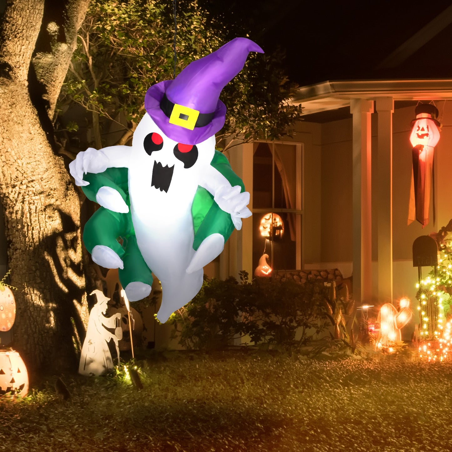 3.9ft Inflatable Halloween Window Sticker Ghost, Blow Up LED  Display For Garden Indoor Outdoor