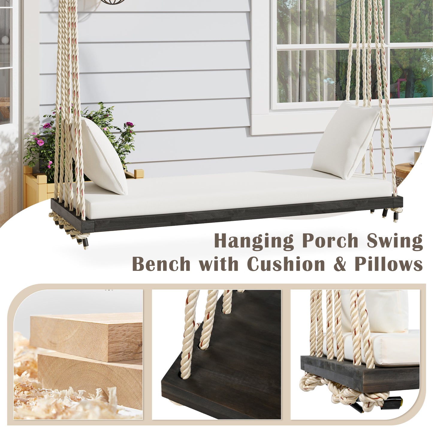 TOPMAx Patio Wooden Swing Chair  Hanging Porch Swing Bench With Cushion&Pillows  10.8Ft Hemp Ropes For Garden    Lawn Brown