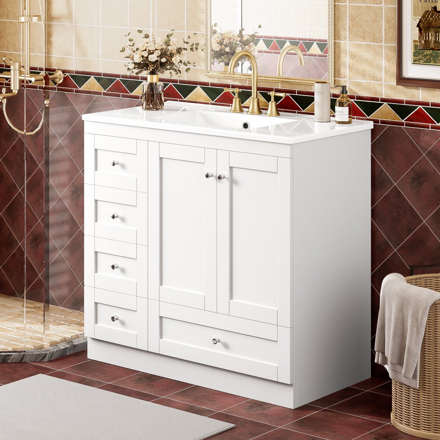 36 Inch Shaker Style Free-Standing Bathroom Vanity Cabinet With Ceramic Sink, 4 Soft-close Drawers And 2 Soft-close Doors